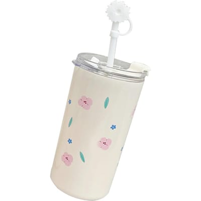 Roestvrijstalen Water Tumbler Dubbelwandig Geïsoleerde Koffiekop Herbruikbare Reisbeker met Rietdeksel voor Meisjes Jongens white