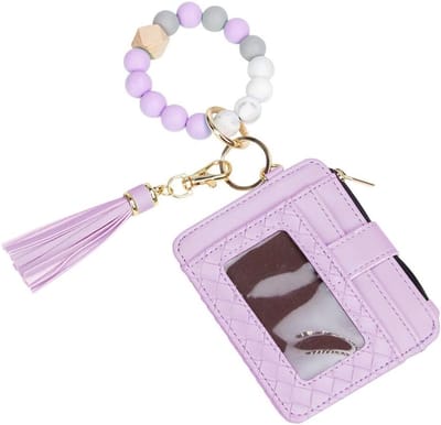 Slimme Sleutelhanger met Creditcardhouder en RFID Bescherming, Dunne Portemonnee met Silicone Kralen en Tassel voor Vrouwen, Paars, One Size