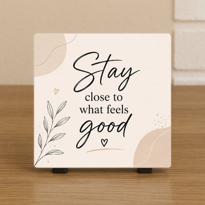 Wenstegeltje - Stay close to what feels good – Cadeautegel met Tekst – Perfect Cadeau - Trendy nu – Stijlvolle Woondecoratie met Boodschap – Trendy nu – Decoratief Tegeltje met Standaard – Cadeau Idee