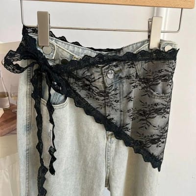 Nouvelle jupe courte triangulaire jupe mi-jupe jupe rideau de fesses Dentelle pour femmes Petit tablier en tricot Dentelle superposée Ins Foulard printanier gray