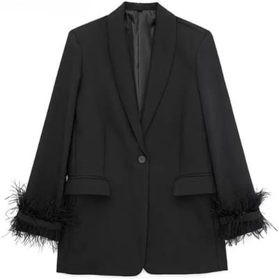 Damesmode Satijn Zwart Met Veer Blazer Jas Vintage Revers Enkele Knoop Lange Mouwen Dames Outfits L black