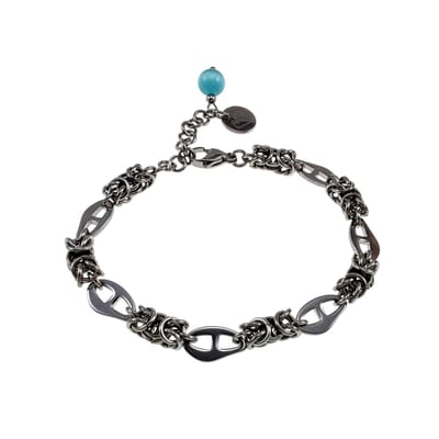 Armband Dames - Gepolijst RVS - Byzantijnse en Anker Schakelarmband met Turquoise Kattenoogsteen – Verstelbaar 15cm tot 19cm
