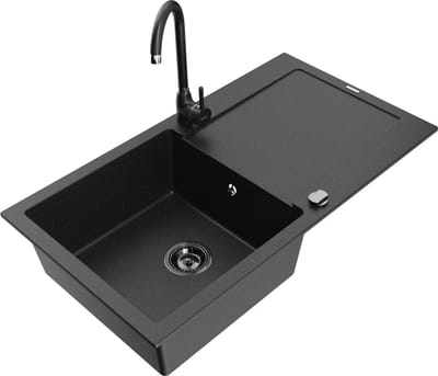 Mexen Leo granieten spoelbak 1-komorige met afdruiprek en keukenkraan Telma, zwart/goud metallic - 6501-75-670200-70-B