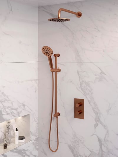Brauer Copper Edition thermostatische inbouw regendouche 3-weg omstelling SET 45 met 20 cm douchekop en gebogen muurarm en 3-standen handdouche en doucheslang en geïntegreerde glijstang koper geborsteld PVD