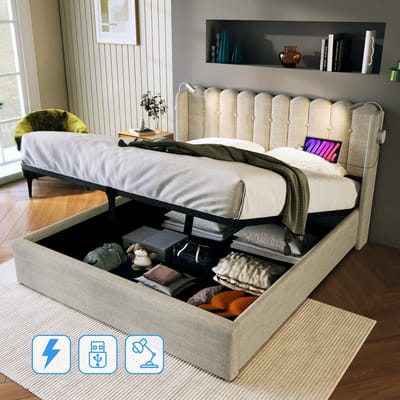 Jongerenbed met leeslamp en lades - 140x200 cm - Natuurlijk linnen (zonder matras)