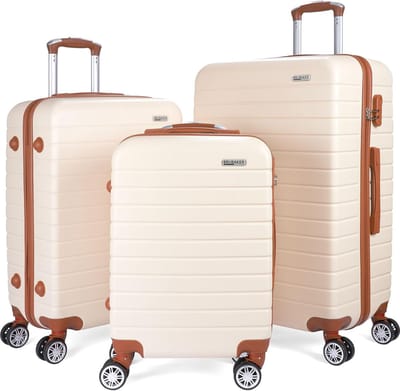 BRUBAKER Kofferset Paris - 3-delige Hardcase Kofferset met Handbagage - Reiskoffer Trolleys met Cijferslot, 4 Wielen en Comfort Handgrepen (M, L, XL - Crème Wit en Lichtbruin)