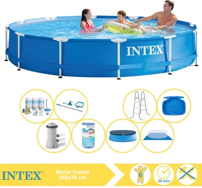 Intex Rond Frame Zwembad - 366 x 76 cm - Blauw - Inclusief Afdekzeil - Onderhoudspakket - Zwembadfilterpomp - Filter - Grondzeil - Schoonmaakset - Ladder - Voetenbad - 9-delig
