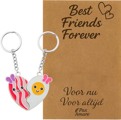BFF Sleutelhanger voor 2 'Best Friends Forever' - Magnetisch Hartje Bacon & Ei - Sleutelhangers op Cadeau Kaartje - Zilverkleurig - Vriendschap Symbool - Pax Amare