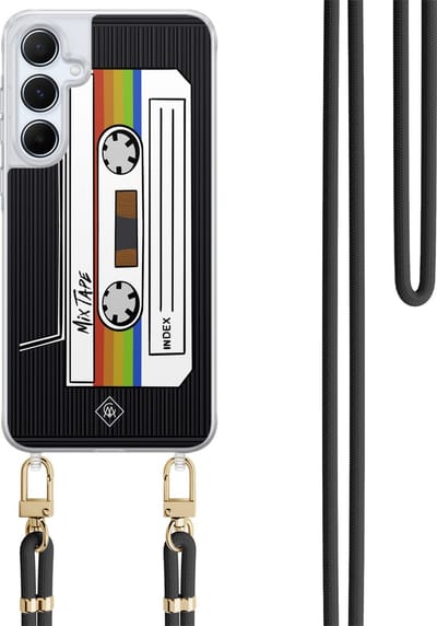Casimoda® hoesje met koord - Geschikt voor Samsung A55 - Cassette Mixtape - Afneembaar koord - TPU/polycarbonaat - Zwart