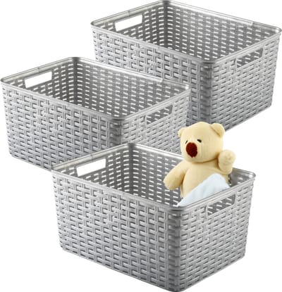 Plasticforte Opbergmand - 3x - Kastmand - rotan kunststof - zilvergrijs - 18 Liter - 29 x 39 x 20 cm