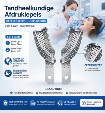 Belux Surgical Tandheelkundige Afdruklepels -Geperforeerd – Links/Rechts – Boven- en Onderkaak – Tandartsinstrument SET VAN 5