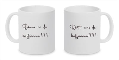 Bedrukte mok met tekst aan beide kanten, Dat was de koffieee!, Daar is de koffieee!, Dik voor mekaar show, Bedrukte beker met tekst, Koffie mok, Koffie beker, Cadeau