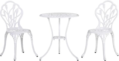 Bistroset - Tuinmeubel 3-delig - Tuinset - Balkonset voor 2 Personen - Tuinmeubelset met 2 Klapstoelen + Tafel met Parasolgat - Zitgroep - Meubel - Loungeset - Meubelsets - voor Tuin, Balkon, Terras - Wit