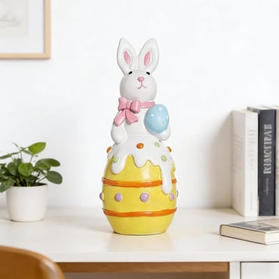 Konijn Decoratie Beeldje - Lente Tafeldecoratie van Hars - Konijn Ei Figuur voor Thuis Kantoor en Cadeau - Geschikt voor Vrouwen en Kinderen - Gele Kleur