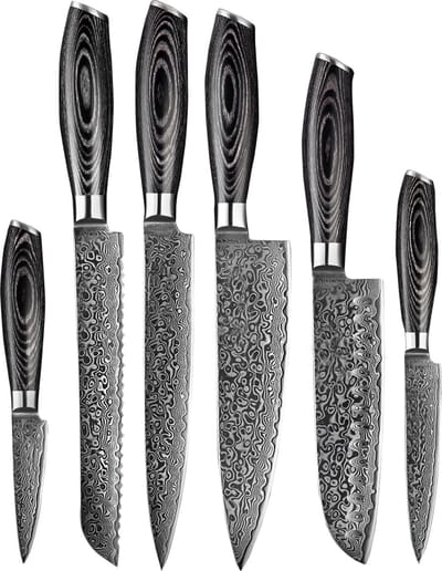 Shinrai Knives - Messenset - 6 delig - Koksmes - Japans Design - Mes - Damascus Pakka Wood - Met Luxe Geschenkdoos