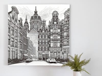 Line art amsterdam schilderij | Amsterdamse lijnen en kunst, een meesterwerk in woorden gevat | Kunst - 60x60 centimeter op Canvas | Foto op Canvas