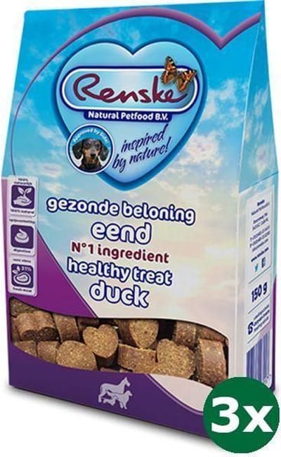 3x150 gr Renske gezonde beloning hartjes eend hondensnack
