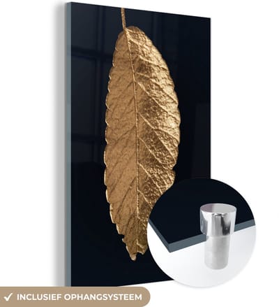 MuchoWow® Glasschilderij 120x180 cm - Schilderij acrylglas - Bladeren - Zwart - Goud - Luxe - Natuur - Foto op glas - Schilderijen