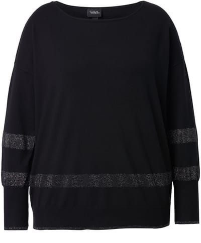 Ulla Popken - Dames - Trui strepen oversized ronde hals lange mouwen - Zwart - Maat 42+