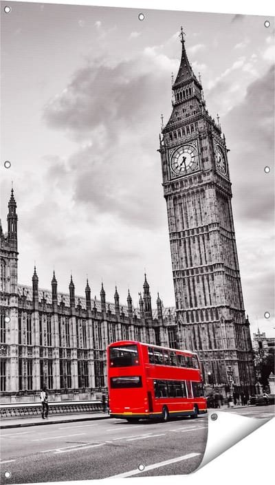 Gards Tuinposter Rode Bussen in Londen - Retro - 80x120 cm - Tuindoek - Tuindecoratie - Wanddecoratie buiten - Tuinschilderij