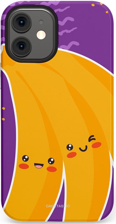 Casetastic hoesje geschikt voor Apple iPhone 12 Mini - Dubbellaagse bescherming - Blije Banaan - Fashion Case - Lavendel Geel