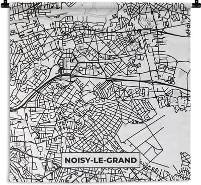 Wandkleed - Wanddoek - Stadskaart - Plattegrond - Kaart - Frankrijk - Noisy-le-Grand - Zwart wit - 180x180 cm - Wandtapijt