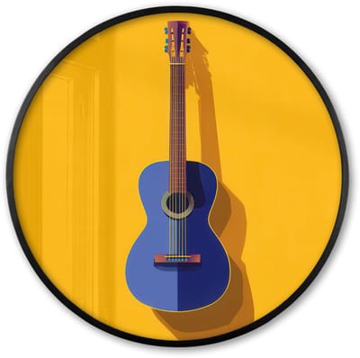 Poster in lijst Rond - Fotolijst 60x60 cm - Posters - Gitaar - Akoestisch - Minimalistisch - Geel - Ronde posterlijst zwart - Decoratie - Wanddecoratie woonkamer - Muurdecoratie slaapkamer