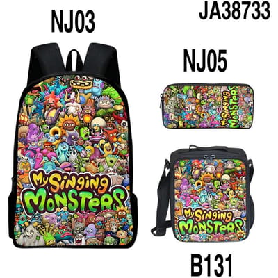 Kinder Boekentassen Rugzak set Kinder Lunchtas, Pennenbakje, 3-delige Set 3D Nieuw My Singing Monsters Concerttas