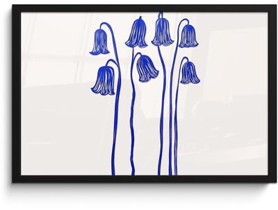 Poster in lijst - Fotolijst 60x40 cm - Posters - Bloemen - Blauw - Lijnen - Bloemblaadjes - Posterlijst zwart - Decoratie - Wanddecoratie woonkamer - Muurdecoratie slaapkamer