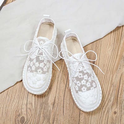Holle ademende stoffen schoenen dames gaas madeliefje borduur retro nationale stijl eenvoudige casual platte schoenen linnen zoete preppy stijl lente zomer 38 wit