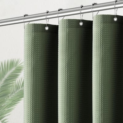 Famanu - Luxe wafelstof douchegordijn 183x183 cm, heavy duty textiel, saliegroen, met 6 metalen haken