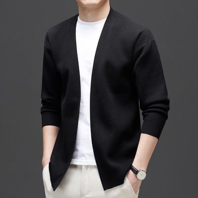 Jonge en Middelbare Mannen Lente en Herfst Nieuwe Lange Mouw Effen Kleur Schouder Losse Cardigan 2XL black