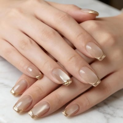 Luxueuze Neutrale Nagelset met 24 Stuks, Gouden Franse Tips en Glanzende Vierkante Valse Nagels voor een Elegante Look