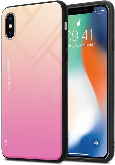 Cadorabo Hoesje geschikt voor Apple iPhone X / XS in GEEL - ROZE - Tweekleurige beschermhoes van TPU-silicone Case Cover en achterzijde van gehard glas