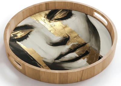 Dienblad rond 40x40 cm - Schootdienblad hout - Ogen - Gezicht - Goud - Strepen - Borrelplank rechthoek - Plateau houten dienbladen