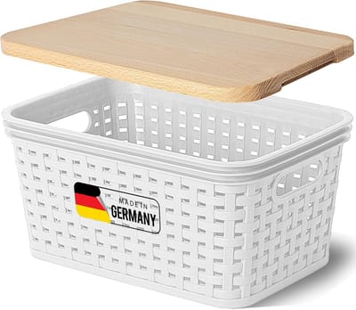 Novaliv opbergdoos met houten deksel Mini 2L mand wit in rotan design Voedselveilige opbergmand Stapelbare doos Nestbare kunststof BPA-vrije doos Stofbox met deksel