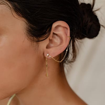 Hey Happiness Zachte Cascade Hangende Ketting Ear Cuff Dames – 925 Zilver 18K Verguld – met Zirkonia – Goud