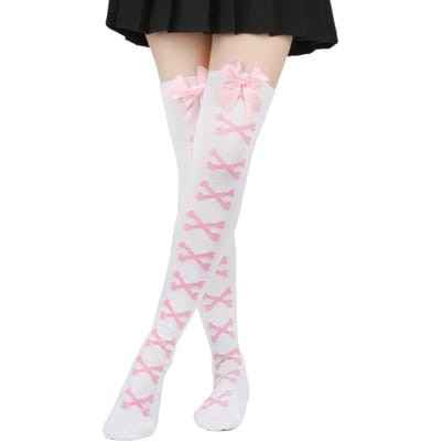 Dames Sokken met Strik + Bottenpatroon tot op de dij Dames Halloween Meisjes Over de knie Sokken One Size white