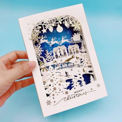 Carte de vœux de Noël 3D Petite carte créative Cadeau de réveillon de Noël exquis et haut de gamme Décoration d'élan Carte de vœux dorée 2024 bleu
