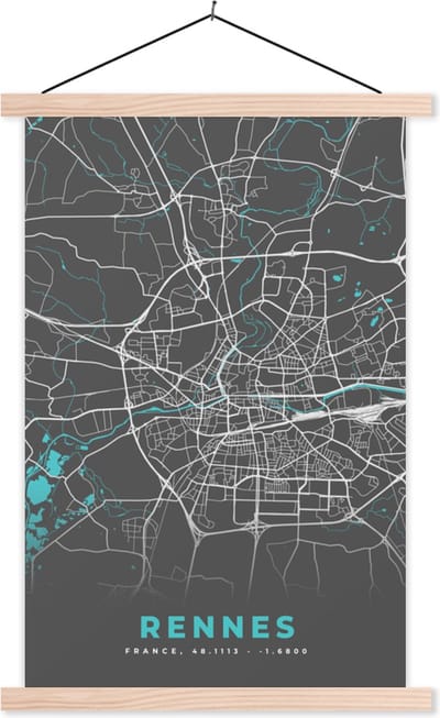 Posterhanger incl. Poster 40x60 cm - Schoolplaat - Stadskaart - Kaart - Plattegrond - Frankrijk - Rennes - Textielposter - Blanke latten - Stadskaart