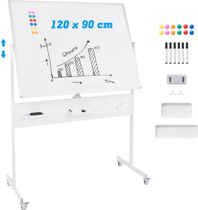 COSTWAY Dubbelzijdig mobiel whiteboard, 120 x 90 cm, droog afwisbaar, magnetisch whiteboard met insteekbord, wielen en standaard, incl. accessoires voor kantoor, thuis, wit