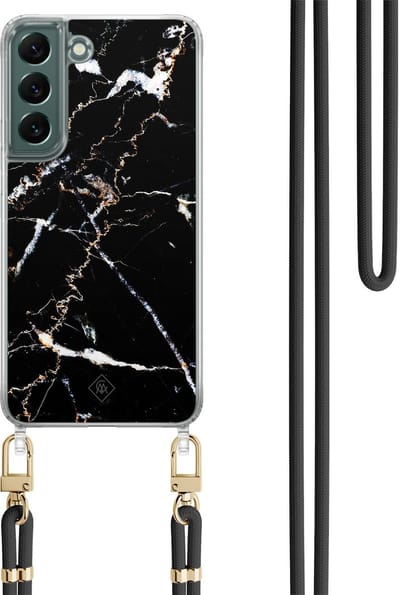 Casimoda® hoesje met zwart koord - Geschikt voor Samsung S22 Plus - Marmer Zwart - Afneembaar koord - TPU/polycarbonaat - Zwart