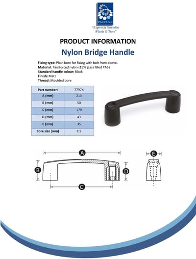 Nylon bruggreep – hartafstand 179 mm, bevestiging met bouten van bovenaf
