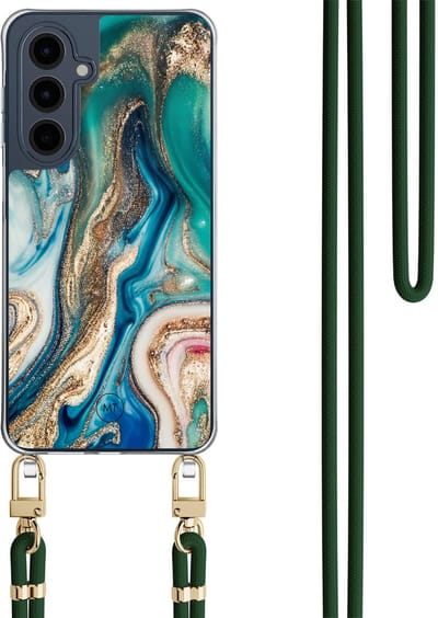 Hoesje met koord geschikt voor Samsung Galaxy A16 - Magic marble - Inclusief Groen koord - Crossbody beschermhoes - Transparant, Multi - Mooie Telefoonhoesjes