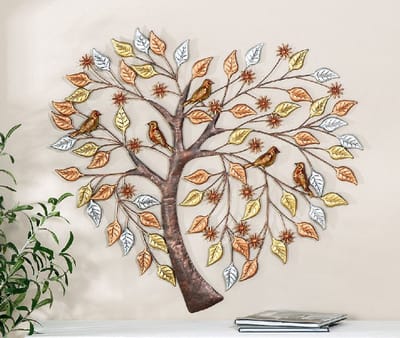 muurdecoratie Wand decoratie - Muurdecoratie - Boom met Vogels - 70 x 80 cm metaal - koper goud zilver