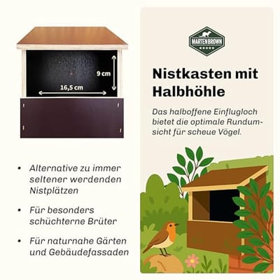 Nestkast voor Roodborstjes en Nisbroeders - Halve Hol, Weerbestendig, 16,5 x 9 cm Opening voor Tuin en Balkon