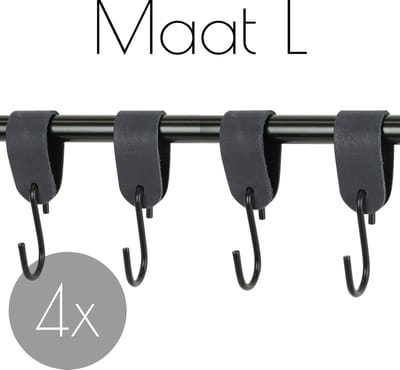 4x Leren S-haak hangers - Handles and more® | NAVY - maat L (Leren S-haken - S haken - handdoekkaakje - kapstokhaak - ophanghaken)