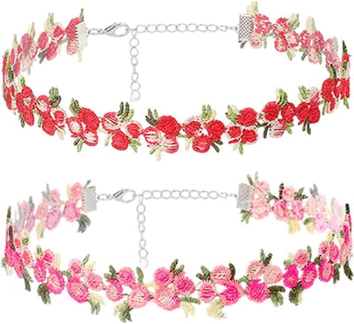 2 Stuks Verstelbare Halsketting met Bloemen - Vintage en Geborduurd