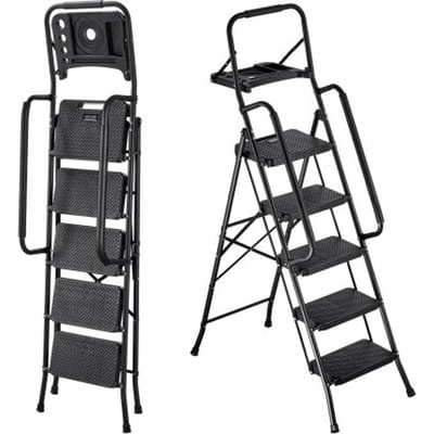 VEVOR 5-Treden Opvouwbare Ladder met Gereedschapsplank, Leuningen Aan Beide Zijden, Veiligheidsladder, Draagvermogen 272 Kg, Trapladder, Opvouwbare Kruk, Huishoudladder voor Keuken, Huis en Kantoor, Zwart