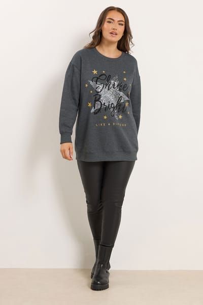 Yours Grey 'Shine Bright' Sweatshirt Met Ster En Paillettenversiering Size 48